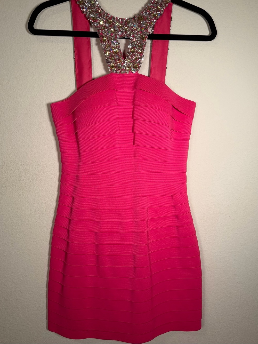 Sherri Hill Hot Pink Bandage Dress, Rhinestone Straps, Cocktail Homecoming Party - Picture 3 of 10